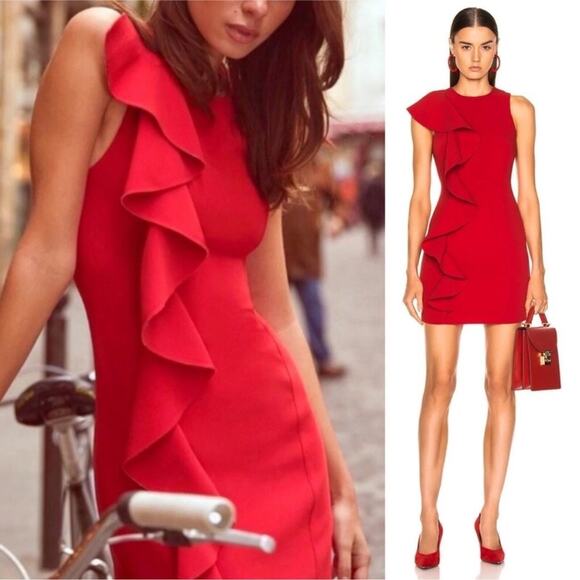 Cinq A Sept Kimberlin Cascading Ruffled Bodycon Mini Sheath Dress Red Women US 0 - Picture 1 of 5